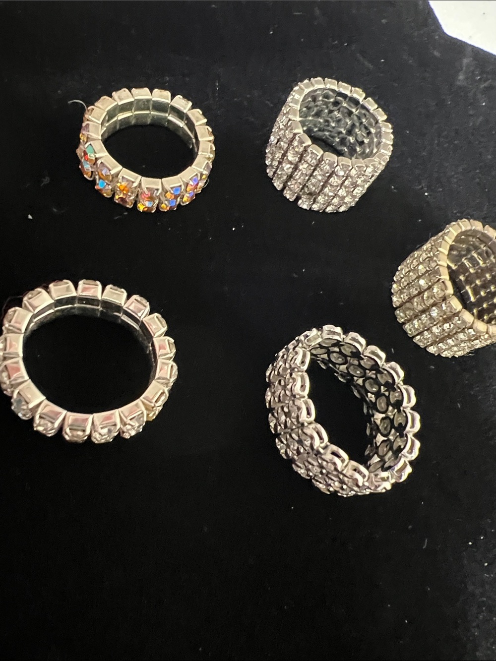 Crystal Pavé Stretch Rings - Clear and Aurora Borealis - Vintage - 5 Rings - Picture 15 of 16